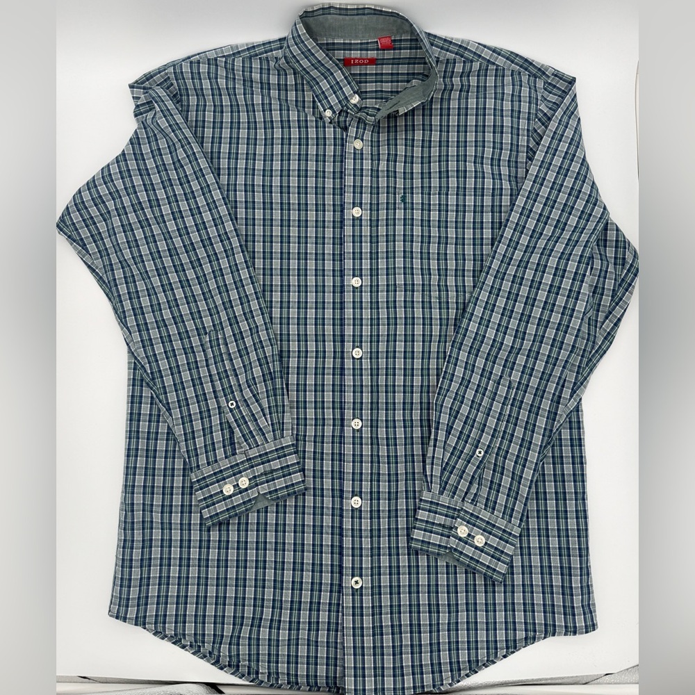 IZOD Men’s Plaid Button Down Shirt Blue Green LT Long Sleeve Business Casual